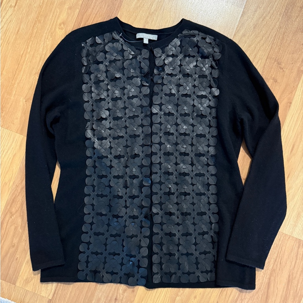 Neiman Marcus Black Cashmere and Silk Cardigan with Textured Leather Applique